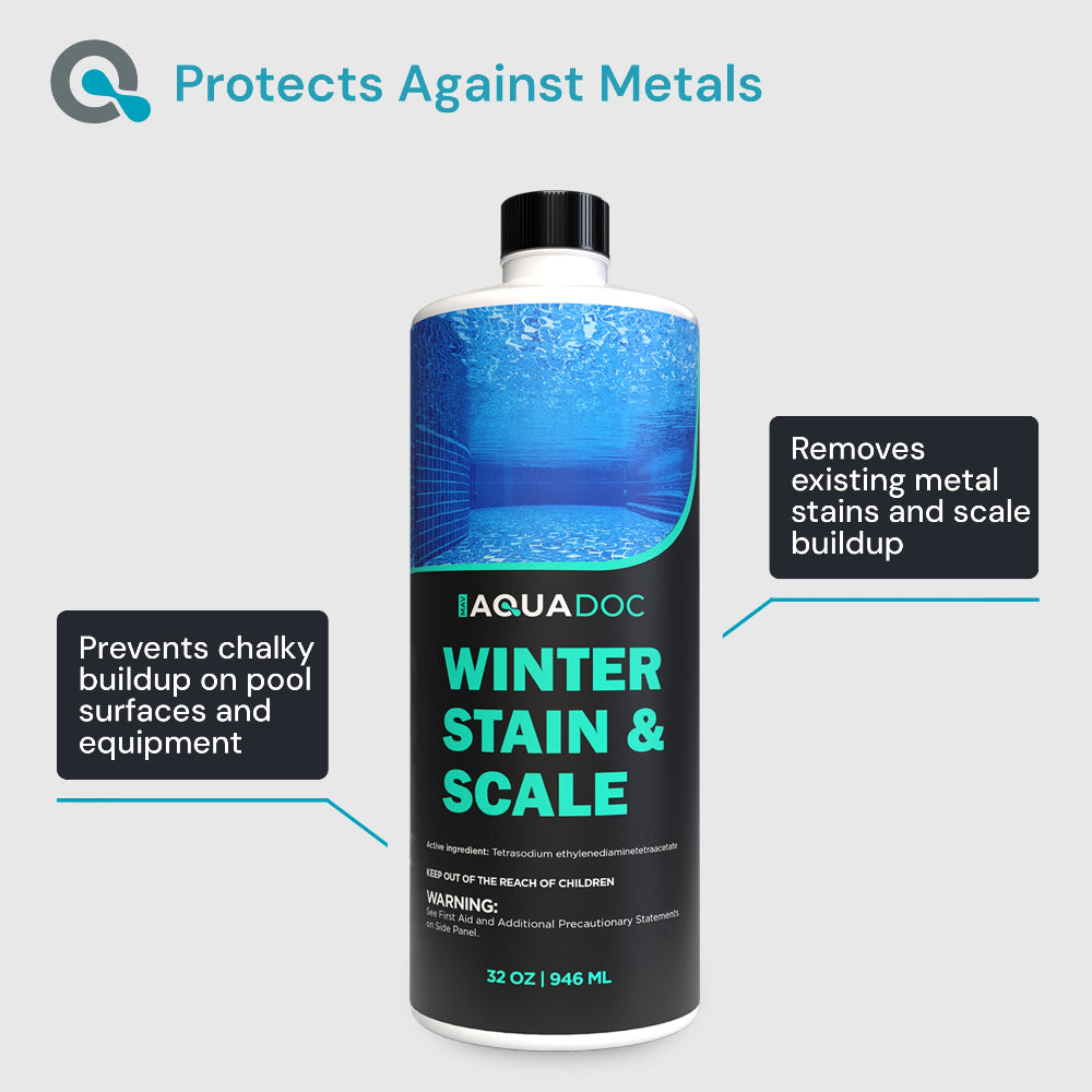 Aquadoc Winter Stain & Scale product bottle with text on a gray background