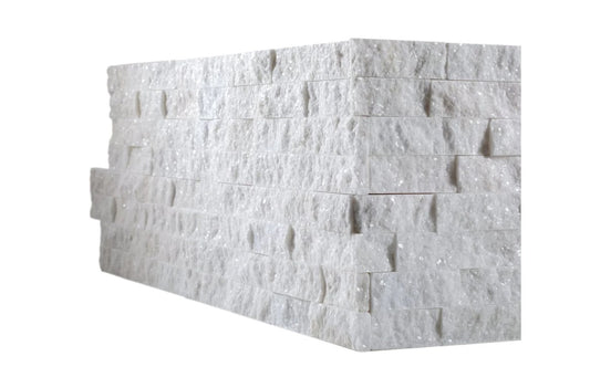 White ledger panel tile used on fireplace wall
