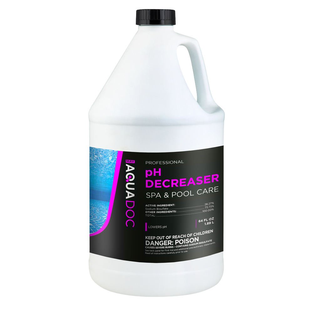 Aquadoc pH Decreaser bottle for spa and pool care on a white background