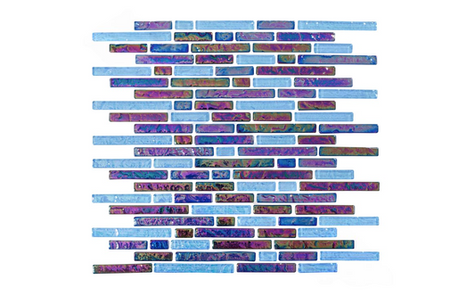 Close-up of Nordic Shores Cobalt mosaic tiles showing multicolor glass details