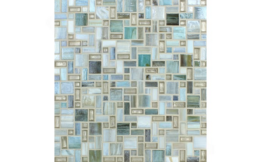 Close-up of NPT Cosmopolitan Sky Blue Mosaic Tile's pearlescent glass finish