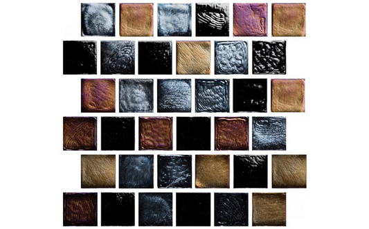 Close-up of 1x1 Blackies Oceanscapes pool tile showing iridescent finish