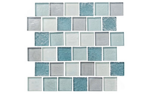 Close-up of NPT Oceanscapes Pacifica glass tile in pastel blue and pink tones
