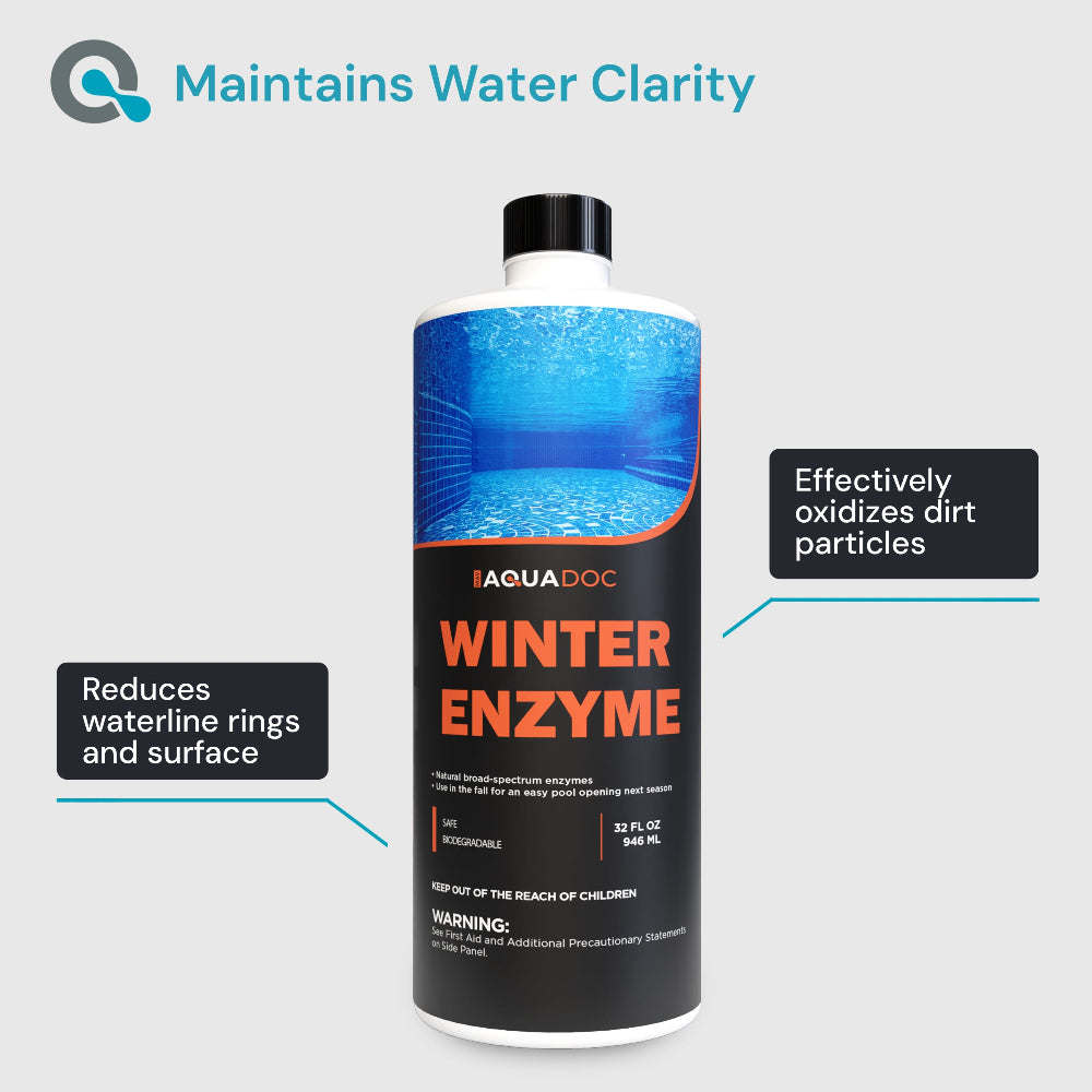 Aquadoc Winter Enzyme bottle with text on water clarity and product benefits.