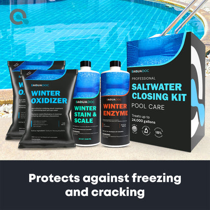 Pool care products including a saltwater closing kit and winter treatments by AguaDoc, with a pool in the background.