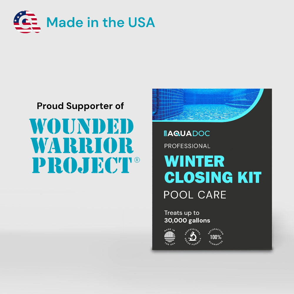 AquaDoc pool care product with Wounded Warrior Project support on a gray background