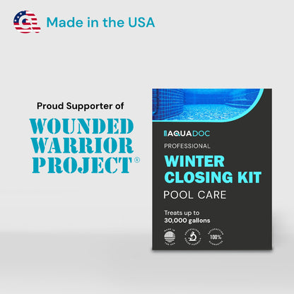 AquaDoc pool care product with Wounded Warrior Project support on a gray background