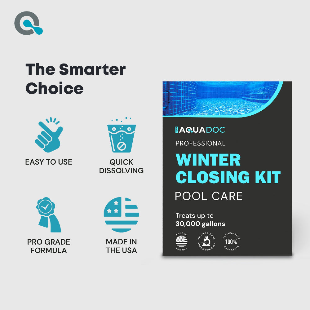 AquaDoc pool care product packaging with features on a gray background