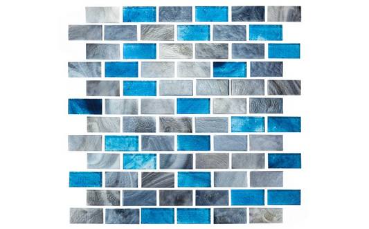Close-up of royal blue and gray 1x2 glass pool tile
