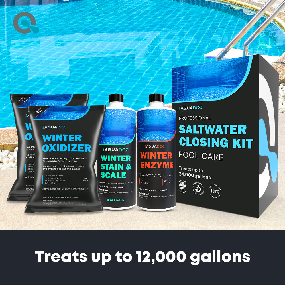 Pool care products including winter oxidizer, stain & scale remover, and enzyme treatment in front of a pool.