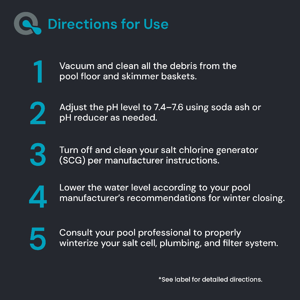 Step-by-step directions for pool maintenance on a dark background
