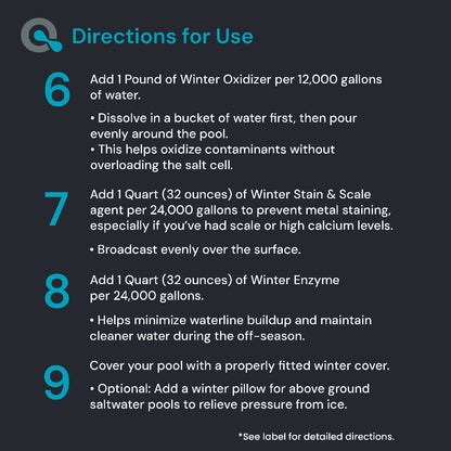 Directions for using winter pool care products on a dark background