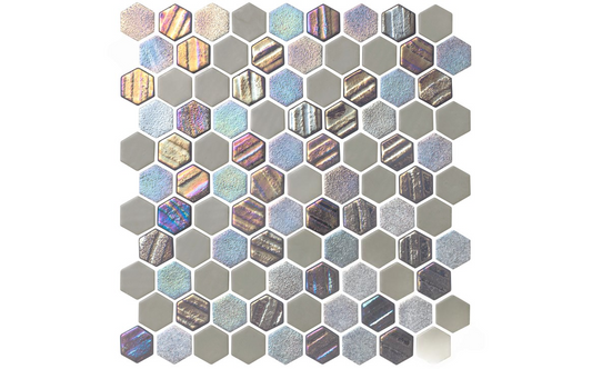 Close-up of hexagonal Smoke Gray mosaic tiles with iridescent finish