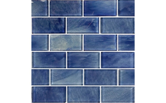 Close-up view of 2x4 Stratus Blue glass tile