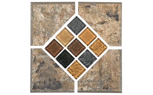Front view of Tavora Tan Deco tile showing amber glass and tan stone