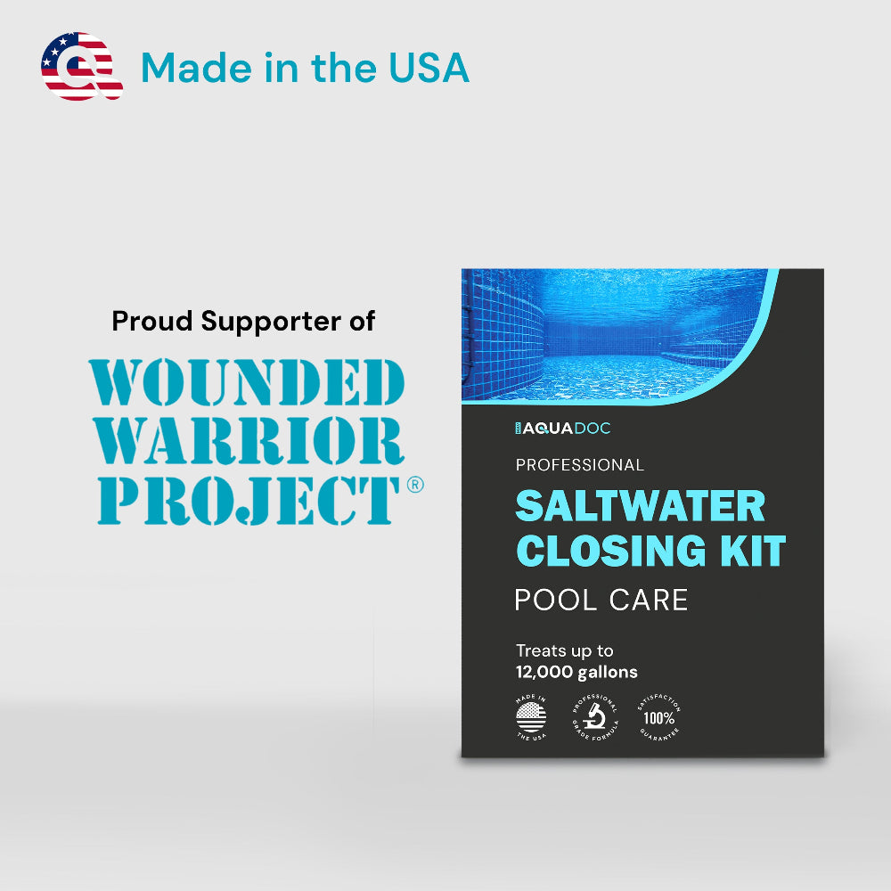 Aquadoc saltwater closing kit for pool care with branding and text on a gray background