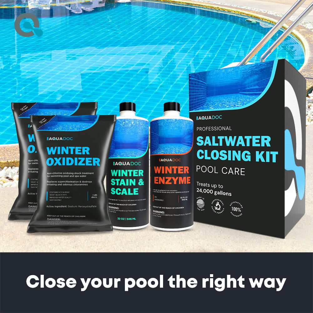Pool care products including winter oxidizer, stain & scale remover, enzyme, and saltwater closing kit by AquaDoc with a pool in the background.