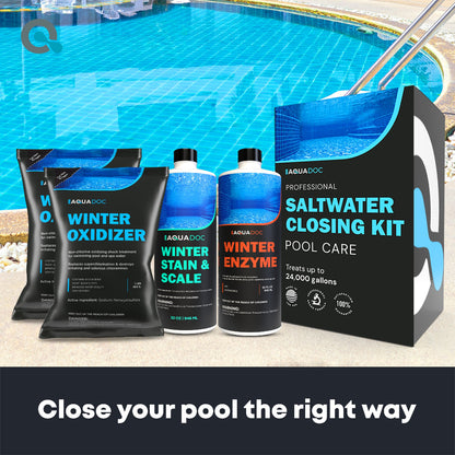 Pool care products including winter oxidizer, stain & scale remover, enzyme, and saltwater closing kit by AquaDoc with a pool in the background.