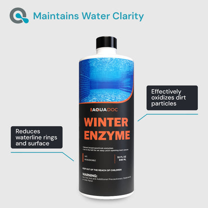 Aquadoc Winter Enzyme bottle with product features on a gray background